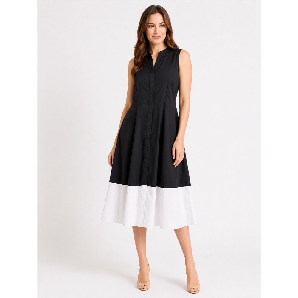 MSK Color Block Midi Shirtdress Button Front Fit Flare Cotton Black White L NEW
